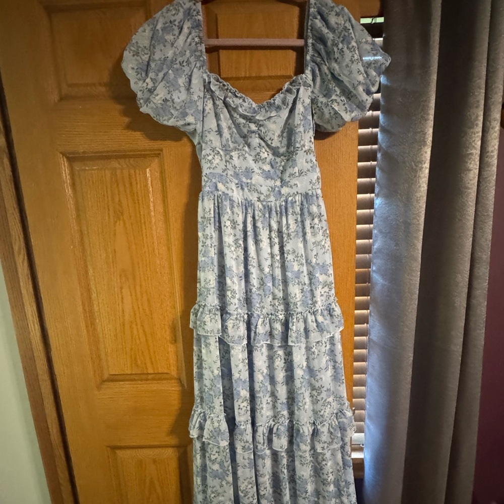 Altar'd State Light Blue Floral Puff-Sleeve Maxi Dress